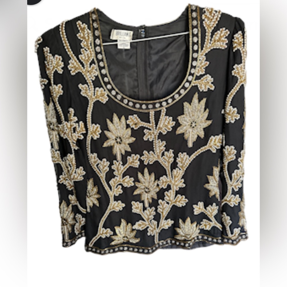 Vintage black silk embellished long sleeve top
